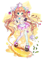  anklet apron asymmetrical_legwear bad_id bad_pixiv_id black_footwear blue_bow blush bow bracelet brown_hair bug butterfly checkerboard_cookie cookie detached_sleeves female food fruit full_body green_bow green_eyes hairbow jewelry leaf long_hair mismatched_legwear orange_(fruit) orange_slice original pecorin photoshop_(medium) pink_bow shoes smile solo standing strawberry teapot thighhighs twintails 