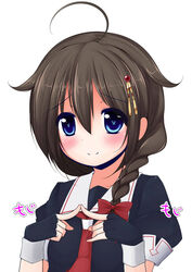  ahoge bakko black_gloves black_serafuku blue_eyes blush bow braid brown_hair closed_mouth commentary_request eyebrows female fingerless_gloves gloves hair_between_eyes hair_flaps hair_ornament hairbow hairpin heart heart-shaped_pupils kantai_collection long_hair looking_at_viewer puffy_short_sleeves puffy_sleeves red_bow sailor_collar school_uniform serafuku shigure_(kancolle) shigure_kai_ni_(kancolle) short_sleeves simple_background single_braid sleeve_cuffs smile solo symbol-shaped_pupils white_background 