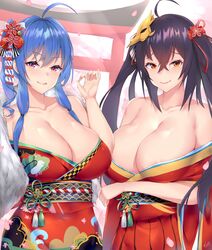  2girls ahoge areola_slip arm_under_breasts azur_lane bare_shoulders black_hair blue_hair breasts cleavage closed_mouth collarbone commentary english_commentary flower fur_scarf hair_between_eyes hair_flower hair_ornament hair_tie hand_up heart heart-shaped_pupils highres japanese_clothes kimono kuavera large_breasts long_hair looking_at_viewer mask mask_on_head multiple_girls new_year no_bra off_shoulder ok_sign print_kimono purple_eyes red_kimono red_ribbon ribbon sash side_ponytail smile st._louis_(azur_lane) st._louis_(spirits_in_the_snow)_(azur_lane) symbol-shaped_pupils taihou_(azur_lane) tongue tongue_out torii twintails 