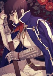  artist_name belt blood blood_in_mouth blunt_bangs brown_hair commentary_request female flower gauntlets isabeau_(megami_tensei) looking_at_viewer profile ribbon sheath sheathed shin_megami_tensei shin_megami_tensei_iv short_hair sidelocks solo sword tears torn_clothes usagi_me weapon 