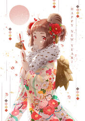  absurdres ahoge animal animal_on_head arrow_(projectile) baozi bell brown_hair commentary cowboy_shot ema female floral_print flower food food_in_mouth fur_collar furisode hair_flower hair_ornament hamaya happy_new_year highres holding japanese_clothes kimono long_sleeves looking_at_viewer mouth_hold new_year obi on_head original pig red_eyes sash sena_tea29 short_hair short_twintails solo standing twintails wide_sleeves 