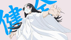  black_hair blue_snow blush bow bow_panties bracelet choker commentary female frilled_panties frills highres jewelry kajou_ayame long_hair object_on_head open_mouth outstretched_arms panties panties_on_head panty_mask shimoneta_to_iu_gainen_ga_sonzai_shinai_taikutsu_na_sekai simple_background smile solo translated underwear very_long_hair white_background wristband yai_eirin yellow_eyes 