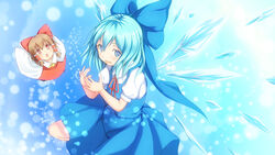  2girls ascot bad_id bad_pixiv_id blue_bow blue_dress blue_eyes blue_hair bow brown_hair cirno detached_sleeves dress gennsuikyou hair_tubes hairbow hakurei_reimu highres ice ice_wings looking_at_viewer multiple_girls neck_ribbon open_mouth photoshop_(medium) puffy_short_sleeves puffy_sleeves red_bow red_eyes red_ribbon red_skirt ribbon short_sleeves skirt touhou wings yellow_ascot 