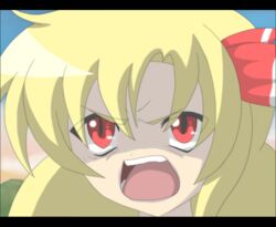  anime_coloring blonde_hair commentary_request female gorz hair_ribbon higurashi_no_naku_koro_ni parody red_eyes ribbon rumia ryuuguu_rena slit_pupils solo touhou uso_da 