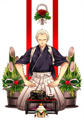  1boy bamboo chopstick_rest chopsticks commentary earrings food highres japanese_clothes jewelry kadomatsu kagami_mochi kimono male_focus mochi nengajou new_year persona persona_4 photoshop_(medium) saeuchobab scar seiza short_hair sitting sushi table tasuki tatsumi_kanji wagashi white_hair 