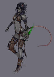  absurd_res anthro assassin black_hair blade bone breasts clan_sniek cloth clothed clothing english_text female fur glowing grey_background grey_body grey_fur hair harness hi_res kiguri leather leather_harness legwear mammal murid murine piercing rat red_eyes rodent scar simple_background skaven skimpy solo stockings text throwing_knives warhammer_(franchise) warhammer_fantasy warpstone weapon 