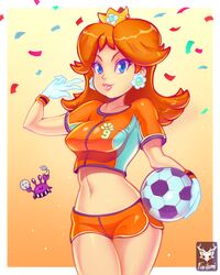  blue_eyes breasts cowboy_shot crown earrings female foxilumi lips mario_(series) midriff navel nintendo orange_hair orange_shorts princess_daisy short_shorts shorts smile soccer_ball soccer_uniform sportswear super_mario_bros. super_mario_land super_mario_strikers 