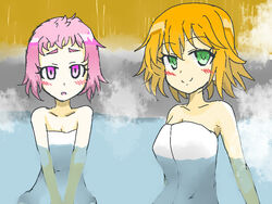  2girls bare_shoulders blush breasts cleavage green_eyes harumi_madoka inu_to_hasami_wa_tsukaiyou multiple_girls oosawa_hami open_mouth orange_hair pink_eyes pink_hair short_hair smile steam towel water 