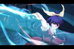  anime_coloring aono_meri artist_name bad_id bad_pixiv_id belt bow female fighting_stance hair_ribbon hairbow highres katana letterboxed long_hair outstretched_arm ponytail purple_hair ribbon solo sword touhou twitter_username watatsuki_no_yorihime weapon 