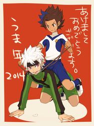  2014 2boys akeome all_fours brown_eyes brown_hair commentary_request earth_eleven goalkeeper grin happy_new_year headband hs2 ibuki_munemasa inazuma_eleven_(series) inazuma_eleven_go inazuma_eleven_go_galaxy lightning_bolt_symbol male_focus matatagi_hayato multiple_boys new_year no_gloves open_mouth panties partial_commentary riding sitting sitting_on_person smile soccer_uniform sportswear underwear white_hair 