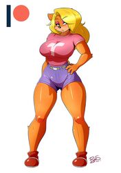  2017 4_fingers activision anthro bandicoot belt big_breasts biped black_nose blonde_hair bottomwear breasts clothed clothing crash_(series) eyebrows eyelashes eyeshadow female fingers footwear green_eyes hair hand_on_hip long_hair looking_at_viewer makeup mammal marsupial mrsakai patreon patreon_logo shirt shoes shorts simple_background solo tawna_bandicoot topwear white_background 