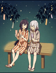  2boys ^_^ ahoge bench black_hair closed_eyes commentary_request honebami_toushirou japanese_clothes leaf male_focus matsuki_(mikipingpong) multiple_boys namazuo_toushirou open_mouth ponytail sandals shorts sitting sky smile star_(sky) star_(symbol) starry_sky tanabata tanzaku touken_ranbu white_hair 