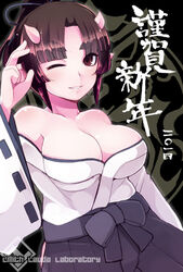  bare_shoulders black_hair blush breasts brown_eyes commentary_request female happy_new_year horns japanese_clothes large_breasts lillithlauda long_hair miko new_year one_eye_closed original partial_commentary short_hair smile solo upper_body 