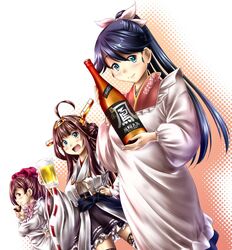  3girls :d ahoge alcohol anchor_print apron bare_shoulders beer beer_mug blue_eyes blue_hair blush bottle brown_hair choko_(cup) commentary_request cup detached_sleeves double_bun hair_bun hair_ornament hair_ribbon hairband hakama hakama_skirt hand_on_own_hip headgear high_ponytail holding holding_bottle holding_cup houshou_(kancolle) japanese_clothes kantai_collection kappougi kimono kongou_(kancolle) long_hair looking_at_viewer mamiya_(kancolle) mug multiple_girls nontraditional_miko open_mouth ponytail ribbon ribbon-trimmed_sleeves ribbon_trim sake sake_bottle skirt smile thighhighs yuzu_momo 