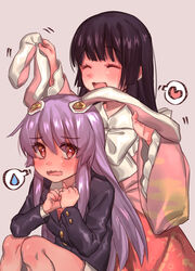  2girls animal_ears black_hair blush closed_eyes collared_shirt commentary floral_print frilled_sleeves frills hand_on_own_ear heart highres houraisan_kaguya huge_bowtie jacket long_hair long_sleeves masanaga_(tsukasa) multiple_girls necktie playing_with_another&#039;s_ears purple_hair rabbit_ears red_eyes red_necktie red_skirt reisen_udongein_inaba shirt skirt smile spoken_heart spoken_sweatdrop suit_jacket sweatdrop touhou 