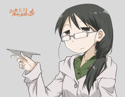  black_eyes black_hair commentary_request dated female glasses holding ishii_(shoujo_shuumatsu_ryokou) lab_coat mukaibi_aoi paper_airplane ponytail shoujo_shuumatsu_ryokou signature simple_background solo 