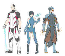  2boys bare_shoulders black_hair blue_eyes blue_hair boots collar commentary_request electricity energy_sword evil_grin evil_smile exalted_weapon_(warframe) exaxuxer excalibur_(warframe) female floating full_body glasses grin hair_over_one_eye highres humanization kunai looking_at_viewer mag_(warframe) melee_weapon_(warframe) multicolored_hair multiple_boys parted_lips secondary_weapon_(warframe) side_slit simple_background smile standing sword teeth two-tone_hair volt_(warframe) warframe weapon white_background white_hair 