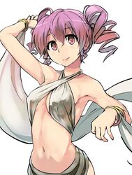  arabian_clothes bracelet breasts commentary_request curly_hair dancer female harem_outfit jewelry looking_at_viewer midriff navel original pink_eyes pink_hair small_breasts smile solo stomach twintails upper_body yuugiri_(u-slash) 