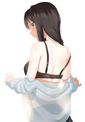  bad_id bad_pixiv_id black_bra black_hair black_skirt bra closed_mouth dress_shirt female from_behind furururu green_eyes idolmaster idolmaster_cinderella_girls long_hair looking_at_viewer looking_back off_shoulder see-through shibuya_rin shirt simple_background skirt solo standing straight_hair strap_slip unbuttoned underwear undressing white_background white_shirt 