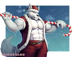  2018 abs anthro biceps canid canine canis christmas christmas_clothing christmas_headwear clothed clothing digital_media_(artwork) fur hair hat headgear headwear holidays male mammal muscular muscular_anthro muscular_male pecs primodrago santa_hat simple_background solo wolf 