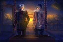  2boys alternate_costume archer_(fate) bad_id bad_pixiv_id blue_hair blush closed_eyes coat cu_chulainn_(fate) cu_chulainn_(fate/stay_night) earrings fate/stay_night fate_(series) highres jewelry long_hair male_focus multiple_boys new_year oerba_yun_fang open_mouth ponytail scarf shrine smile vulture_(washizu0808) white_hair yellow_eyes 