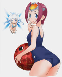  2girls antenna_hair aoba_anoa ass ball bare_shoulders beachball bikini blue_eyes character_request cowboy_shot crossed_legs fairy_wings halo highres long_hair looking_at_viewer multiple_girls official_art one-piece_swimsuit operetta otomedius red_hair school_swimsuit short_hair simple_background size_difference swimsuit twintails white_hair wings yoshizaki_mine 