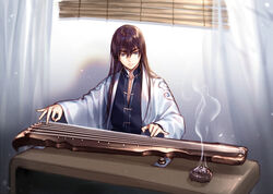  1boy brown_hair chinese_clothes closed_mouth collar commentary_request curtains guqin guzheng incense incense_burner instrument kangetsu_(fhalei) long_hair long_sleeves looking_down male_focus music original playing_instrument purple_eyes smoke solo upper_body wide_sleeves zither 