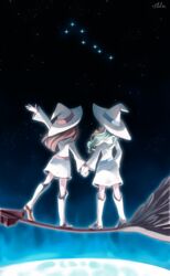  2girls aqua_hair arm_up boots broom broom_riding brown_hair commentary constellation diana_cavendish dress eliln english_commentary facing_away from_behind hat highres holding_hands kagari_atsuko knee_boots little_witch_academia long_hair long_sleeves multicolored_hair multiple_girls multiple_riders night night_sky outstretched_arm shooting_star_(little_witch_academia) signature sky space standing star_(sky) straight_hair two-tone_hair waving wavy_hair white_dress white_footwear white_hair white_hat witch witch_hat 