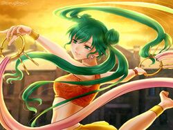  anklet bad_id bad_link bad_twitter_id bracelet crop_top dancer dancing earrings female fire_emblem fire_emblem:_genealogy_of_the_holy_war green_eyes green_hair hanasaki_komugi jewelry long_hair midriff navel silvia_(fire_emblem) solo twilight twintails 