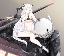  abyssal_ship airfield_princess boots breasts cleavage collarbone commentary_request dmt_(auburn) female high_heel_boots high_heels horns kantai_collection large_breasts long_hair looking_at_viewer one_eye_closed red_eyes sitting smile solo swimsuit white_footwear white_hair 