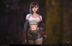  3d absurdres artist_name bare_shoulders belt black_skirt blair_armitage blurry blurry_background breasts brown_eyes brown_hair chocobo cleavage closed_mouth collarbone commentary_request crop_top dirty earrings elbow_gloves elbow_pads female final_fantasy final_fantasy_vii fingerless_gloves gloves highres jewelry large_breasts lips long_hair midriff miniskirt navel skirt sleeveless solo tifa_lockhart torn_clothes 