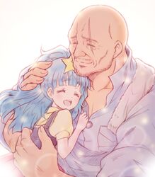  1boy ^_^ bald blue_hair bluez closed_eyes collared_shirt commentary_request family father_and_daughter female gou_takeo hair_ornament happy hoshikawa_lily light_blue_hair long_hair long_sleeves manly open_mouth puffy_short_sleeves puffy_sleeves scar scar_across_eye scar_on_face shirt short_sleeves spoilers star_(symbol) star_hair_ornament towel twintails zombie_land_saga 