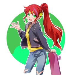  bandaid bandaid_on_knee bandaid_on_leg camp_camp commentary company_connection cosplay denim earrings female green_eyes happy iesupa jacket jeans jewelry pants ponytail pyrrha_nikos red_hair rwby shirt skateboard solo tiara torn_clothes torn_jeans torn_pants voice_actor_connection yellow_shirt 