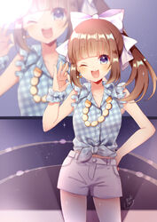  ;d absurdres blue_scrunchie blush bow brown_hair collarbone commentary_request dress_shirt female fingernails hairbow hand_on_own_hip highres long_hair looking_at_viewer ok_sign one_eye_closed open_mouth original pk_(mukasihasakana) plaid plaid_scrunchie plaid_shirt purple_eyes scrunchie shirt short_shorts shorts side_ponytail sidelocks signature smile solo teeth unmoving_pattern upper_teeth_only white_bow white_shorts wrist_scrunchie zoom_layer 