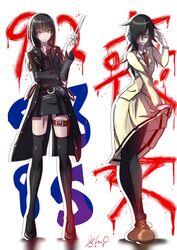  2girls belt black_hair coat crossover green_eyes hair_over_one_eye inu_to_hasami_wa_tsukaiyou kuroki_tomoko long_hair multiple_girls natsuno_kirihime necktie open_mouth pantyhose red_eyes school_uniform scissors shoes simple_background skirt smile thighhighs watashi_ga_motenai_no_wa_dou_kangaetemo_omaera_ga_warui! 