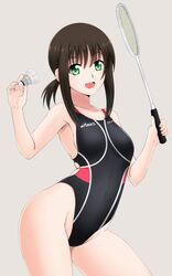  asics badminton_racket black_hair black_one-piece_swimsuit commentary_request competition_swimsuit cowboy_shot female fuuma_nagi grey_background hanebado! hanesaki_ayano highleg highleg_swimsuit highres holding holding_racket left-handed long_hair looking_at_viewer low_ponytail one-piece_swimsuit open_mouth ponytail racket short_ponytail shuttlecock sidelocks simple_background solo standing swimsuit 