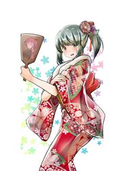  absurdres bow commentary_request feet_out_of_frame female floral_background flower fur-trimmed_kimono fur_trim furisode green_eyes grey_hair hagoita hair_flower hair_ornament hairbow highres japanese_clothes kantai_collection kazu_(really_in_hot_water_now) kimono long_hair paddle ponytail red_kimono solo white_background yuubari_(kancolle) 