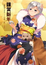  aaru_(tenrake_chaya) absurdres alternate_costume blue_kimono canine chitose_(kancolle) commentary_request cup female floral_print flower grey_eyes grey_hair hair_flower hair_ornament highres holding holding_cup japanese_clothes kantai_collection kimono new_year obi pig sash sitting smile solo wide_sleeves 