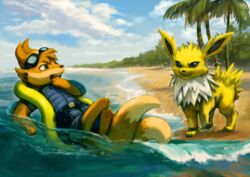  absurd_res beach belt_buckle buckle clothed clothing detailed_background eeveelution erebus_(giygaswar) eyewear fan_character floatzel generation_1_pokemon generation_4_pokemon goggles grumpy hi_res jolteon male nintendo pokemon pokemon_(species) rikyuu_quartz scared seaside tyma water 