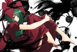  aono_meri bad_id bad_pixiv_id bow darkness dress female frills front_ponytail green_eyes green_hair hair_ornament hair_ribbon hairbow highres hugging_own_legs kagiyama_hina long_hair open_mouth ribbon solo touhou 