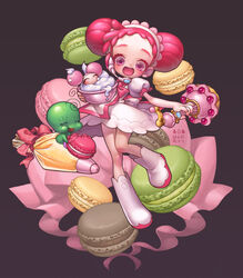  boots bowl commentary_request creature dodo_(ojamajo_doremi) double_bun female food full_body hair_bun hairband harukaze_doremi headset icing knee_boots macaron majorika ojamajo_doremi pastry_bag photoshop_(medium) pink_eyes pink_hair short_hair skirt smile springcake white_footwear white_skirt 