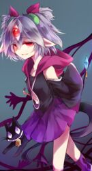  bare_shoulders bell black_cat collar collarbone commentary_request detached_sleeves duel_monster feline female grey_hair hair_ornament hood hoodie hypnosister kutsuki_kai looking_at_viewer navel neck_bell pendulum pointy_ears purple_skirt red_eyes shaded_face shadow short_hair skirt solo third_eye yu-gi-oh! 