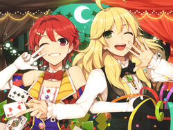  2girls ;d ahoge aikatsu! aikatsu!_(series) bare_shoulders blonde_hair blush card commentary_request confetti crescent_moon crossover elbow_gloves from_hat_trick gloves green_eyes grin hair_ornament hairclip hat hitoto hoshii_miki ichinose_kaede idolmaster idolmaster_(classic) long_hair looking_at_viewer magic_trick moon multiple_girls one_eye_closed open_mouth playing_card red_eyes red_hair short_hair smile top_hat v vest white_gloves 