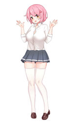  :d blush breasts brown_eyes brown_footwear cleavage collared_shirt commentary dress_shirt female full_body grey_skirt hair_between_eyes hair_ornament hairclip hands_up head_tilt heart heart_hair_ornament highres large_breasts lenxiao loafers looking_at_viewer open_mouth original photoshop_(medium) pink_hair pleated_skirt shirt shoes short_hair simple_background skirt smile solo standing teeth thighhighs upper_teeth_only white_background white_shirt white_thighhighs 