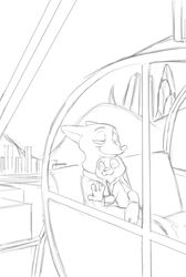  2017 akiric amusement_ride anthro black_and_white canid canine city cityscape clothed clothing disney duo female ferris_wheel fox hug judy_hopps lagomorph leporid male mammal monochrome nick_wilde on_lap rabbit red_fox romantic romantic_couple sitting sitting_on_lap smile true_fox window zootopia 