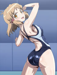  ass back blush breasts brown_eyes brown_hair commentary_request competition_swimsuit cowboy_shot female hair_ornament hairclip looking_back lydian_academy_swimsuit medium_breasts monteriakitto one-piece_swimsuit senki_zesshou_symphogear shiny short_hair sideboob solo stretching swimsuit tachibana_hibiki_(symphogear) 