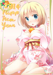  2014 blonde_hair blue_eyes blush breasts collar commentary_request female food fruit happy_new_year japanese_clothes kimono looking_at_viewer mandarin_orange medium_breasts new_year open_mouth oppai_mochi orange_(fruit) original photoshop_(medium) sekine_irie short_hair solo white_kimono 