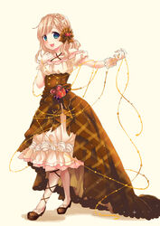  blonde_hair blue_eyes bow braid brown_bow brown_dress brown_footwear cherry_hair_ornament commentary_request corset crown_braid dress female food food-themed_clothes food-themed_hair_ornament food-themed_ornament fruit full_body gloves hair_ornament hairbow leg_ribbon looking_at_viewer mitsuko_(id1766736) open_mouth original outstretched_arm personification photoshop_(medium) pocketland ribbon shoes short_hair smile solo standing strawberry waffle white_background white_gloves white_legwear 