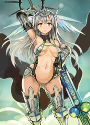  armor bare_shoulders bikini bikini_armor bikini_top_only black_thighhighs breasts circlet commentary_request female gauntlets huge_weapon leg_armor long_hair looking_at_viewer medium_breasts million_arthur_(series) navel revealing_clothes sideboob silver_hair solo swimsuit sword thighhighs weapon wide_hips yellow_eyes yuugiri_(u-slash) 