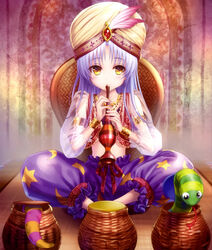  absurdres angel_beats! arabian_clothes baggy_pants barefoot basket crescent female flute goto_p grey_hair highres indian_clothes instrument long_hair looking_at_viewer ophiuchus_(zodiac) pants print_pants pungi snake snake_charmer star_(symbol) star_print tachibana_kanade turban yellow_eyes 